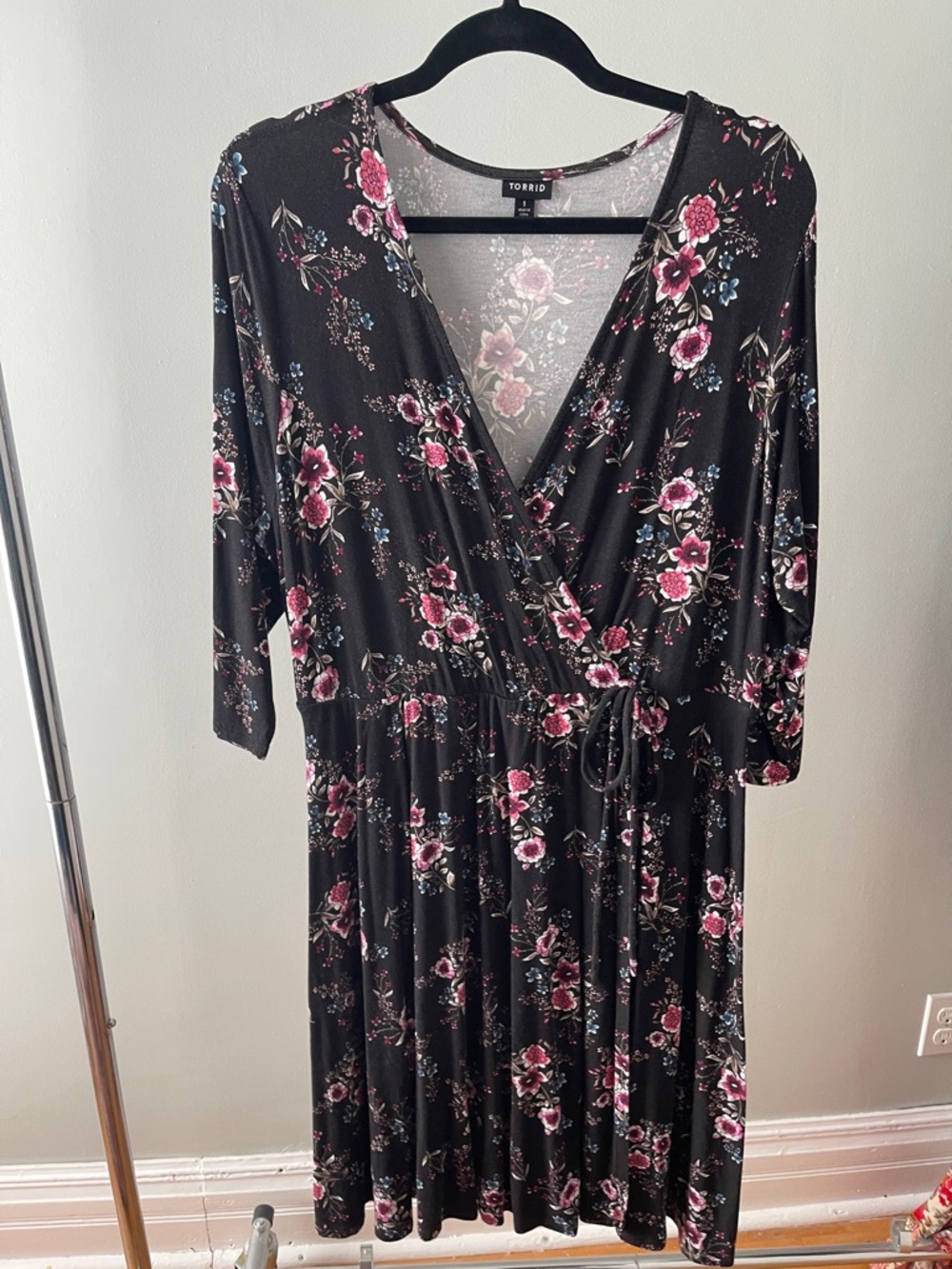 torrid Black Floral Wrap Midi Dress with Pink Accents